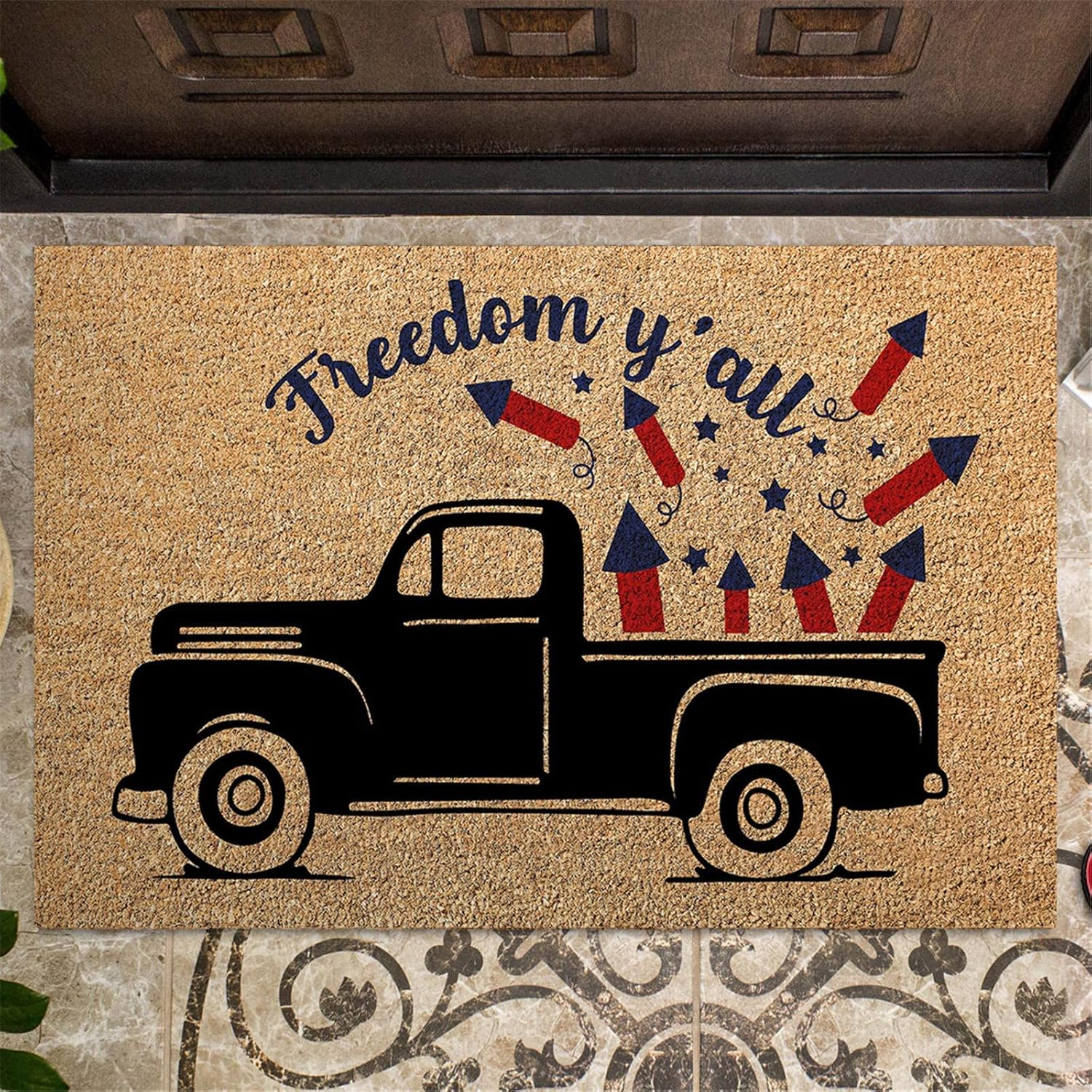 Patriotic Fourth of July Coir Doormat with Anti-Slip Design